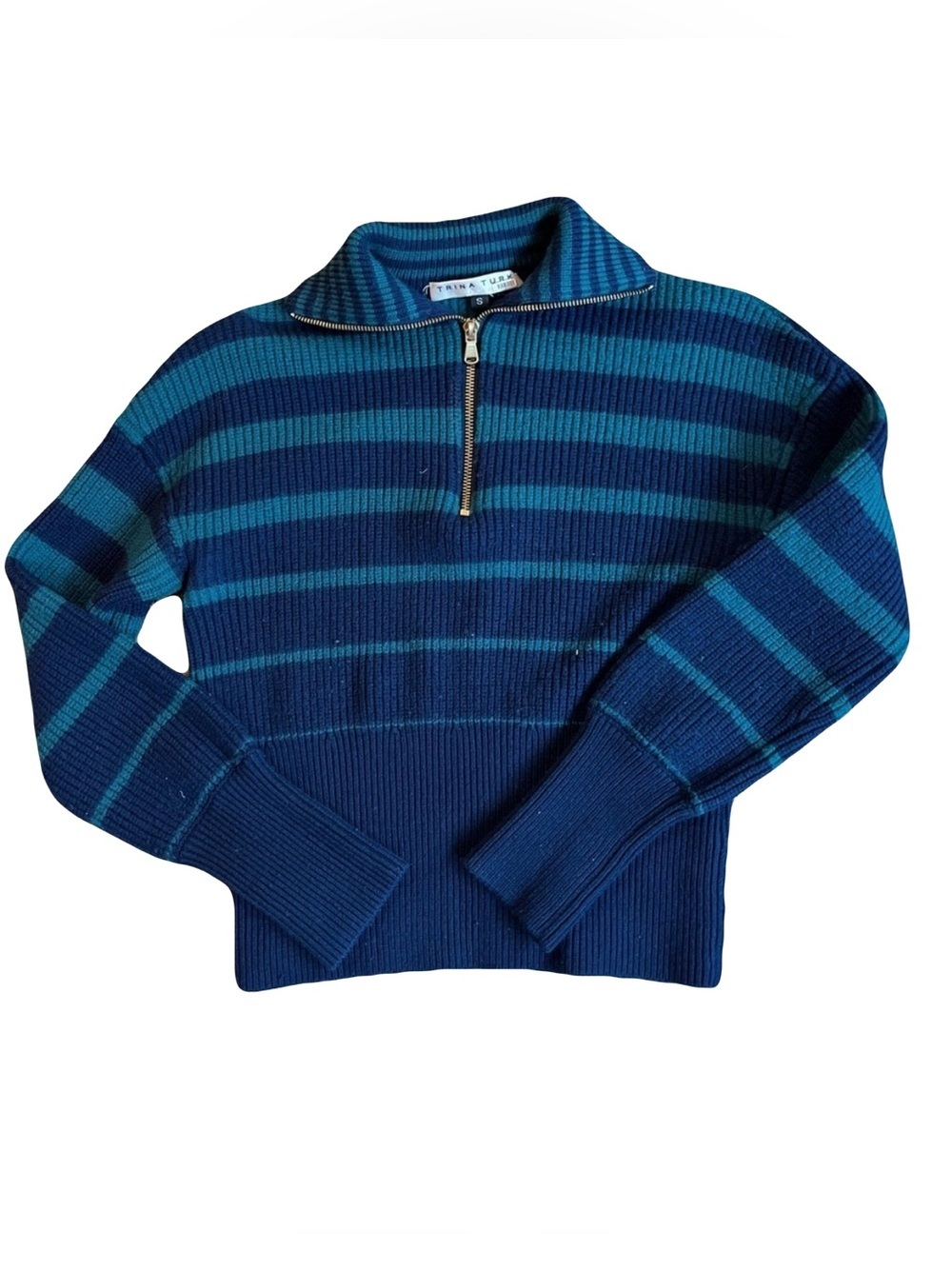 Trina Turk 100% Merino Wool Rib Knit Quarter Zip Sweater Striped Coastal Prep
